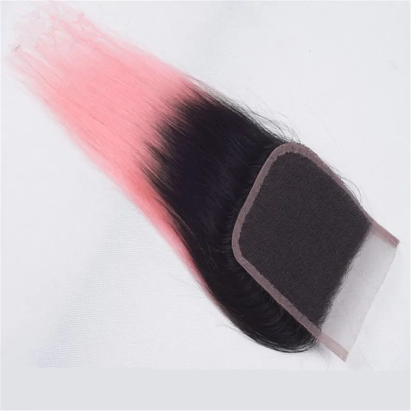 #1b розовый двухцветный Ombre человеческие волосы ткет с закрытием прямые темные корни розовый Ombre полный кружева 4x4 фронтальная закрытие с 3 пучками
