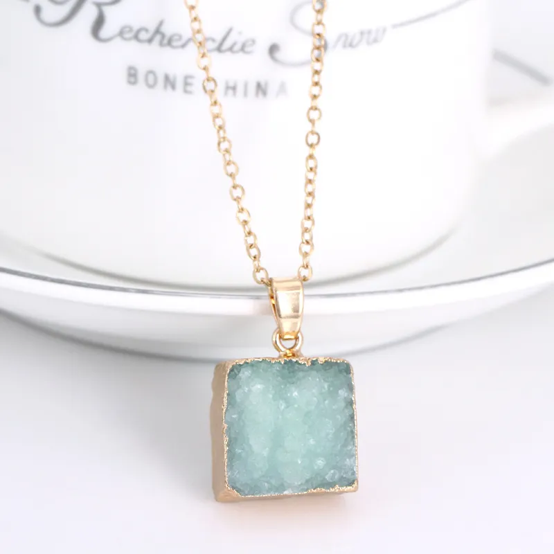 Natural Stone crystal pastel druzy Pendant Necklaces Healing Point Gemstone Necklace original natural stone-style Gold Edged Stones Jewelry