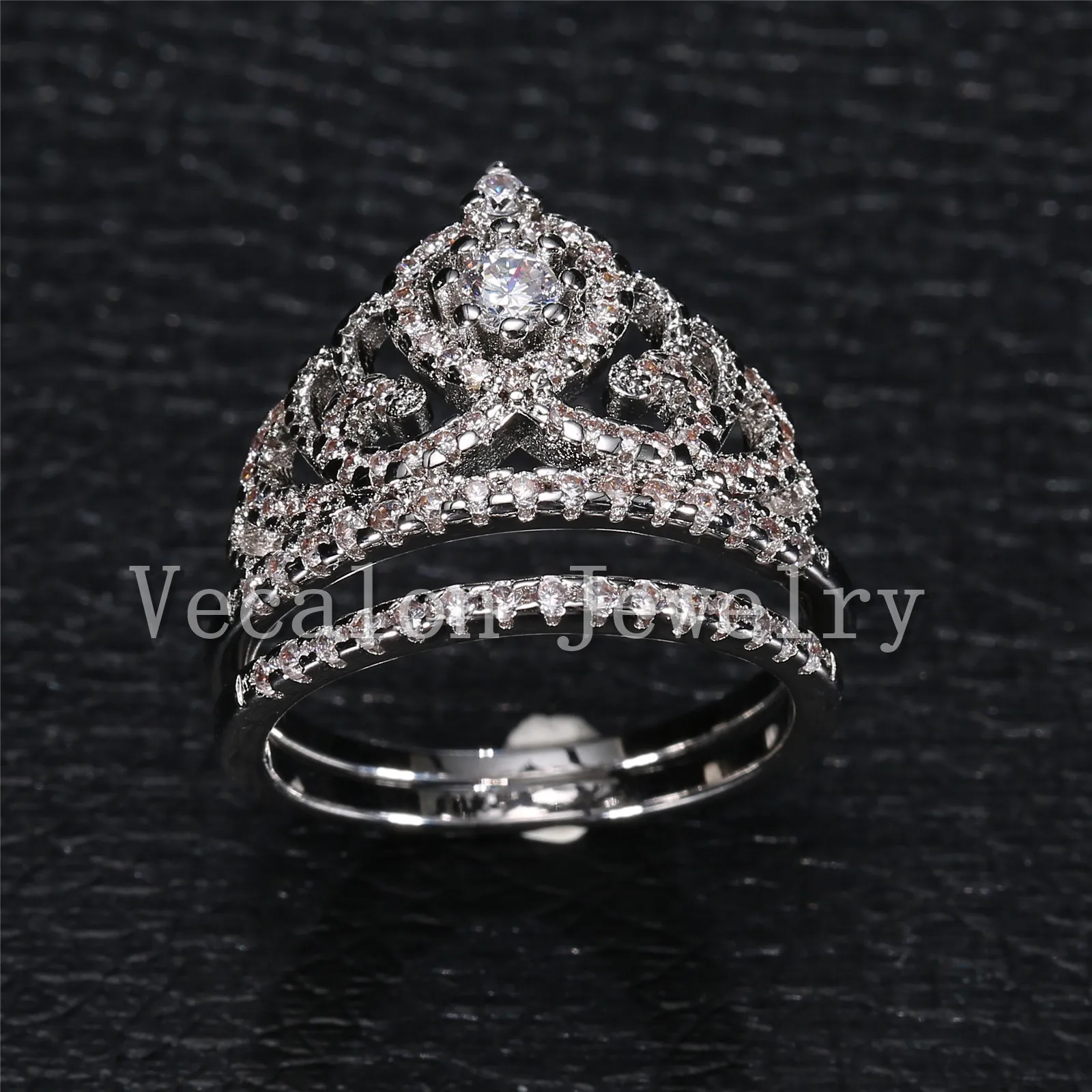 Vecalon Fashion Crown Wedding Ring Set för Kvinnor Simulerad Diamond CZ 10kt Vitguld Fylld Kvinnlig Förlovningsband Ring