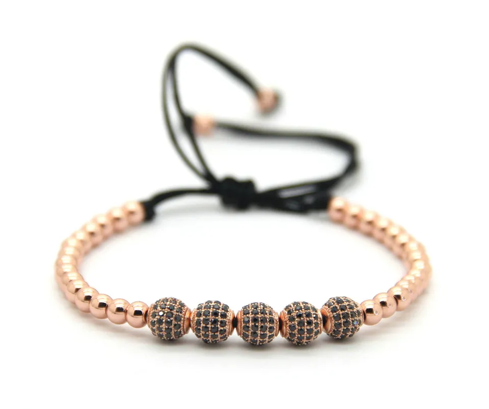 Alta Qualidade 6mm de Ouro, Rosa de Ouro, Gun Black Pave CZ Beads Trança Pulseira Para Mulheres Dos Homens de Jóias