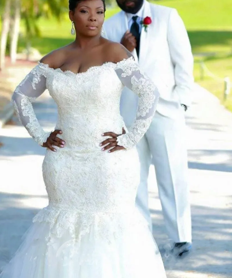 Abito da sposa africano in pizzo a sirena caldo Arabia Saudita Plus Size maniche lunghe abiti da sposa senza schienale per donne nere Vestidos de Novia