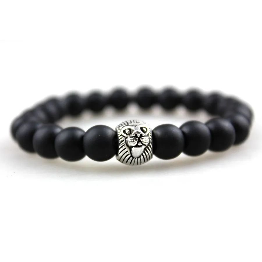 SN0639 großes Loch-Löwenkopf-Charms-Armband für Männer, mattschwarzes Onyx-Armband mit schönem, dehnbarem Löwenkopf-Armband