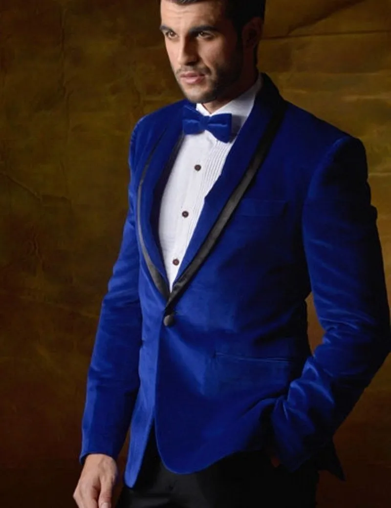 Nouvelle arrivée un bouton bleu velours Groom Tuxedos garçons d'honneur châle revers meilleur homme costumes de dîner de bal de mariage (veste + pantalon + noeud papillon) K16