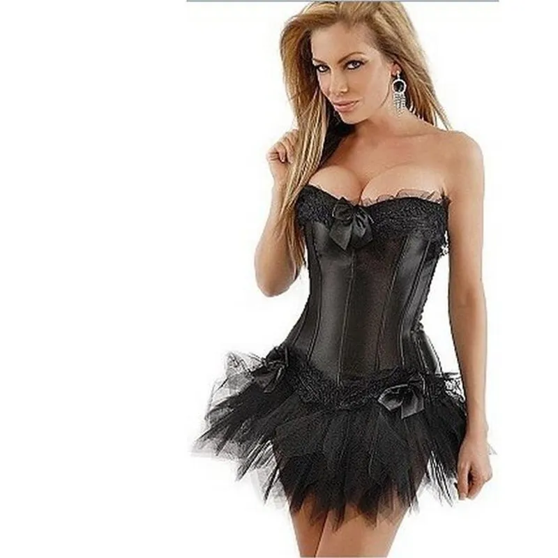 Partihandel-2017 Sexig Corset Satin Lingeri Lace Corset Top + G-String + Kjol Bustier Mini Tutu Bröllopsklänning Kostym 3 Färg 5 Storlekar S-2XL