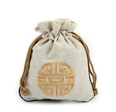 Petit style chinois broderie joyeux coton lin sac faveurs de mariage cordon décoratif emballage pochettes sac pour cadeau 