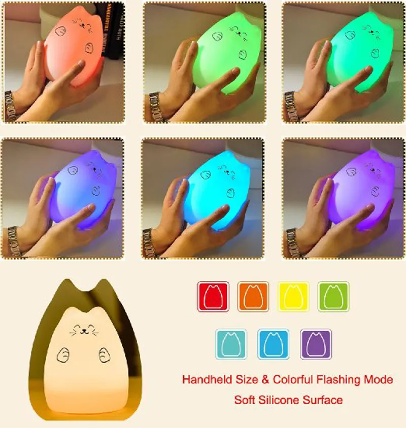 Silicone Dier USB Oplaadbare Draagbare LED Kinderen Nachtverlichting 7-Color Ademhaling Dual Light Kleurrijke Leuke Kat Kinder Bedlampje voor Babykamer