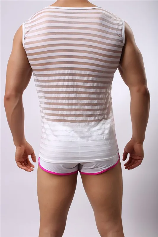 NEW Men Sexy Transparent Mesh Net Shirts Sexy Underwear Undershirts Vest Gym Stripe See Through Tank Tops Night Club Wear