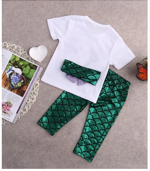 2016 Sommar Baby Girl Kläder Satser Spädbarn Kortärmad T-shirt Toppar + Mermaid Långbyxor + Hårband Toddler Outfits Kids Suit för 0-2Y