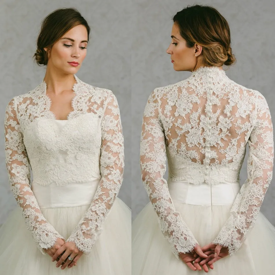 2018 Bolero Bridal Lace Cape Långärmade Bröllops Wrap Appliqued Jackor Wedding Capes Wraps Bolero Jacket Bröllopsklänning Wraps Plus Storlek