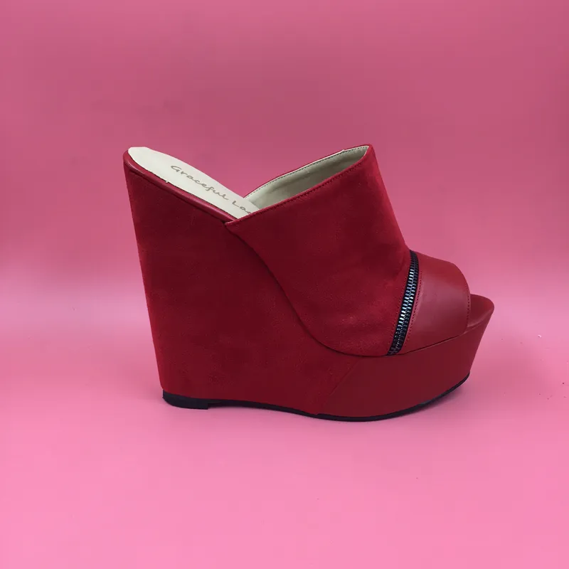 Kırmızı Süet Kadın Sandal Kama Terlik Platformu Açık Toe Kadın Ayakkabı Slaytlar Takozlar Ayakkabı Bayanlar Fermuar Dekore Açık Topuk Nubuk Deri 2016