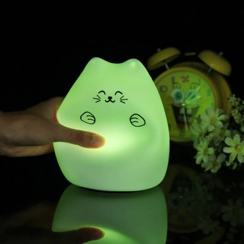 Silicone Animal USB Rechargeable Portable LED Children Night Lights 7-Color Breathing Dual Light Colorful Cute Cat Kids Bedside Lamp for baby room