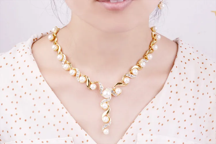 Brud smycken pärla halsband örhängen tillbehör sätter guld med kristall halsband bröllop smycken förlovning smycken varm försäljning