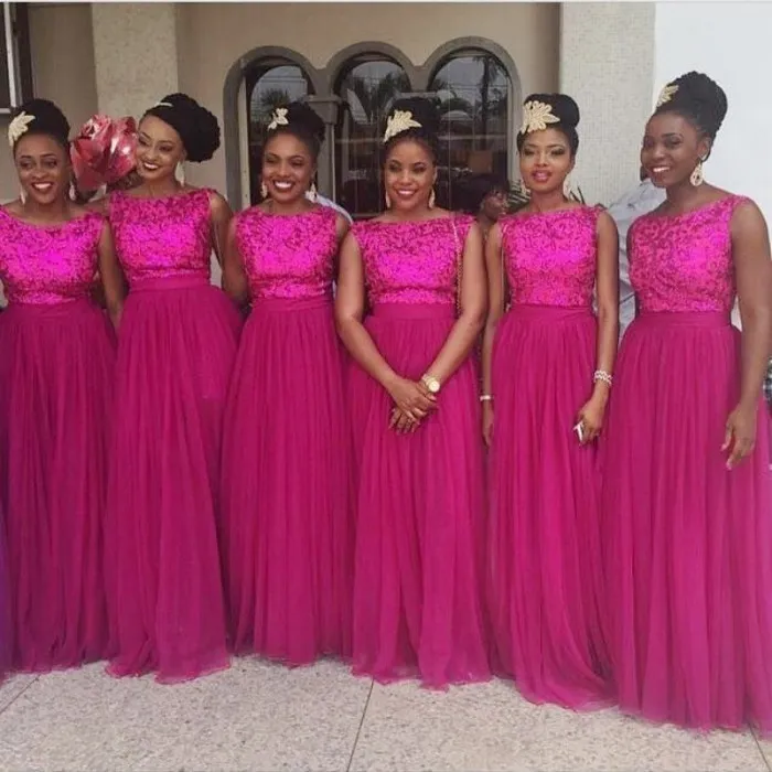 Abiti da damigella d'onore con paillettes nigeriani 2016 Fushia Tulle Abiti da festa lunghi da ballo Abiti da cerimonia stile africano ospiti della festa nuziale