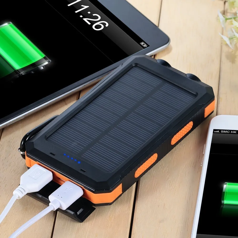 Tragbare Solarlampen-Powerbank, 10.000 mAh, externer Backup-Akku, Dual-USB-Panel-Ladegerät mit 2 LED-Licht-Karabiner-Kompass