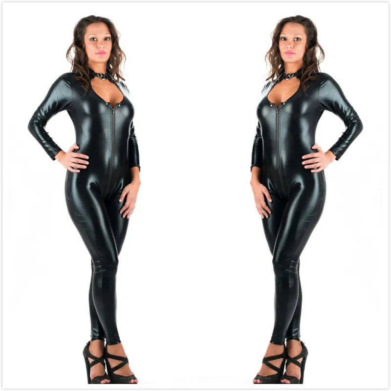 5xl plus size sexy nowość kobiety czarny faux skóra lateksowy catsuit zamek błyskawiczny przedni kombinezon fantazyjny suknia fetysz erotyczne ciało garnitur pu