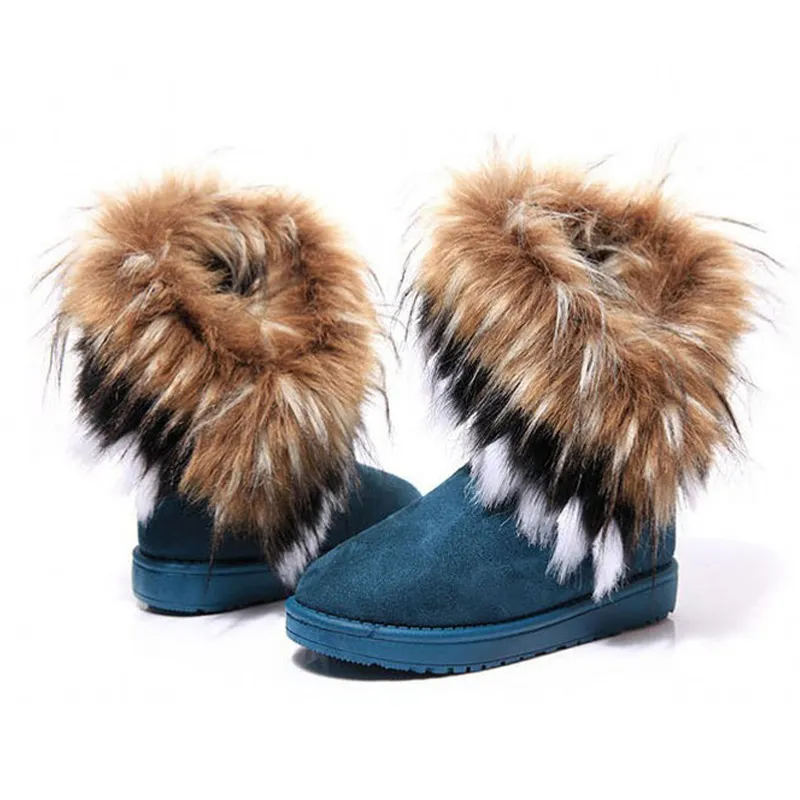 Fashion Fox Fur Warm Autumn Winter Wedges Snow Women Boots Shoes GenuineI Mitation Lady Short Boots Casual Long Snow Shoes B