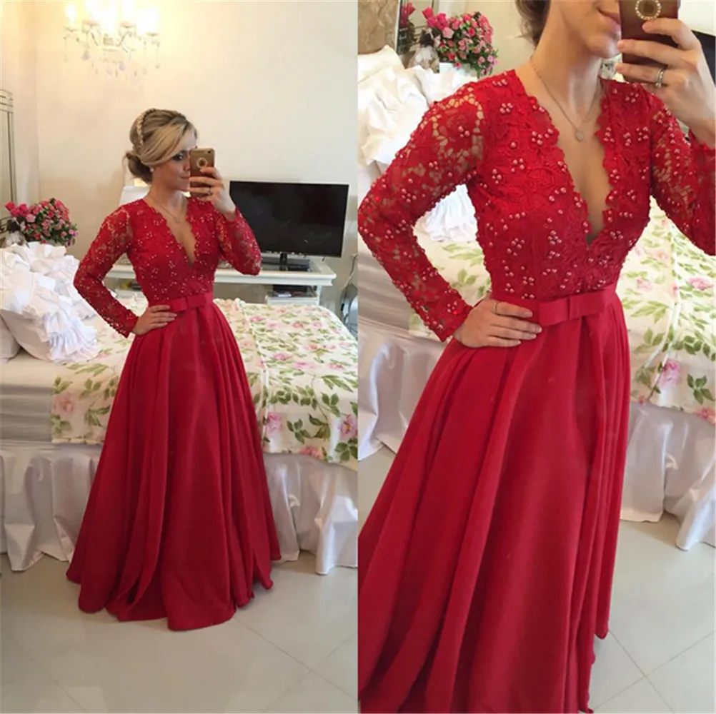 Delicate Red Chiffon Lace Prom Dress Pearls Long Sleeve V-neck Illusion Back Long Evening Dress formal evening gowns dresses