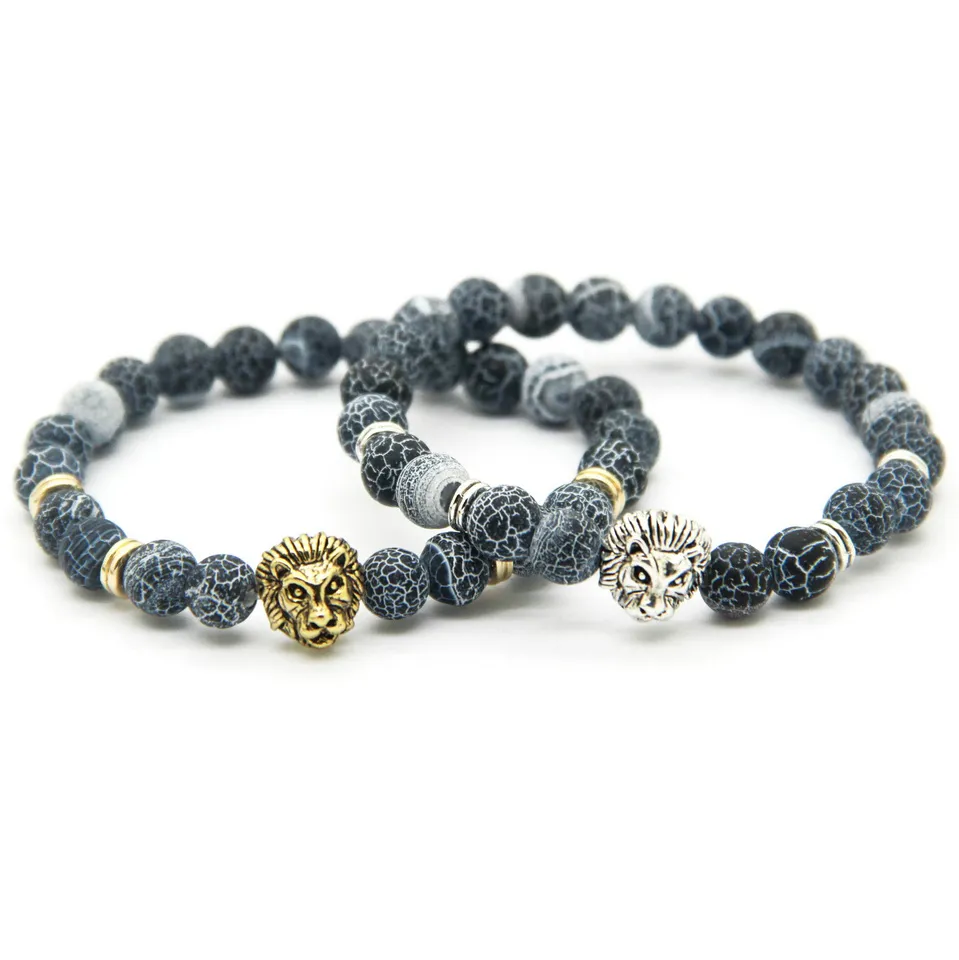 Ny design 8mm Weathering Agate Stone Beads Gold Silver Plated Lion Owl Hjälm Bästa Present Armband