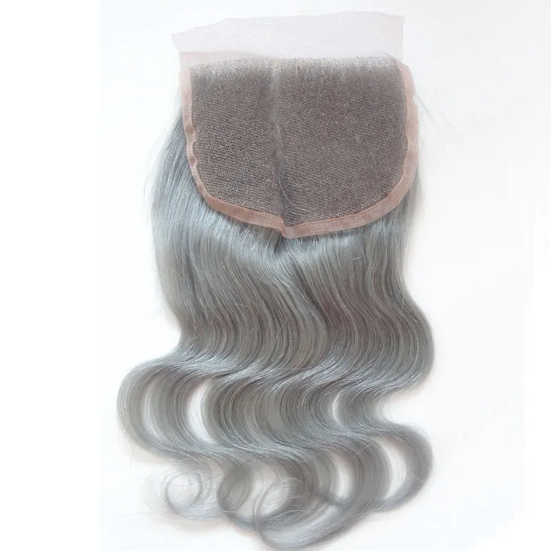 Silber Grau Peruanisches Reines Haar Spitzefront Verschluss Haar Stück Gebleichte Knoten 100% Menschenhaar Körperwelle Verschluss Freies Mittel 3 Way Teil