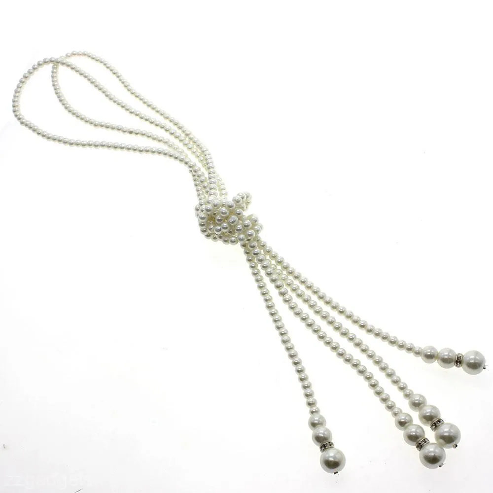 Горячий популярный элегантный белый искусственный жемчуг узел длинный свитер цепи ожерелье # R571