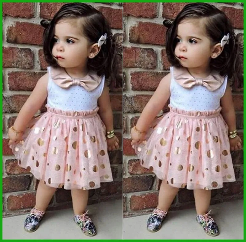 2016 Princess Girls Party Dresses Child Baby Girls 폴카 점 스팽글 활 인쇄 선 드레스 어린이 의류 세트 탑 멍청이 5490968