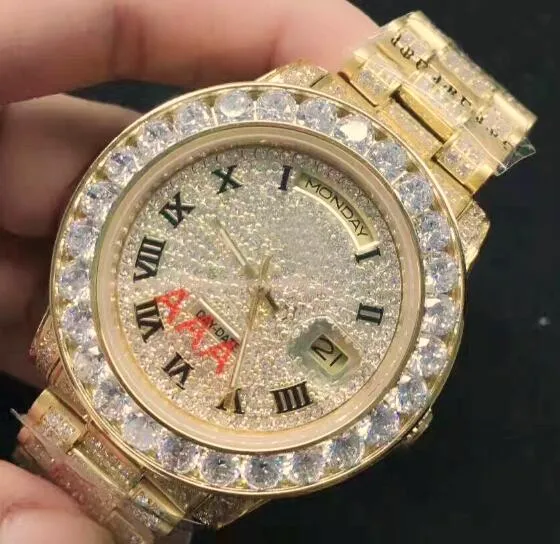 Mens Luxury President Day-Date 18K Gold Watch Big Bezel Face Full Diamond Strap rostfritt stål Casual Men Automatic Mechanical WR287I