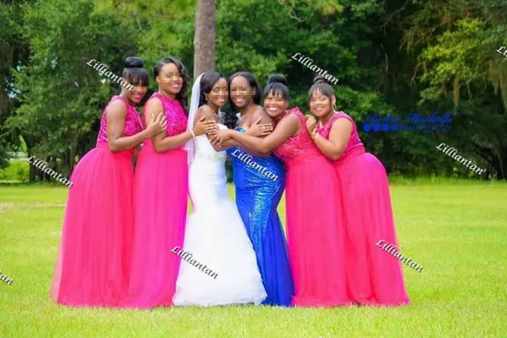 Nigerianska Sequin Bridesmaid Dresses Fuschia Tulle Long Prom Bröllopsfest Gästklänningar Real Image Afrikanska Bellanaija Bröllopsklänningar Anpassning