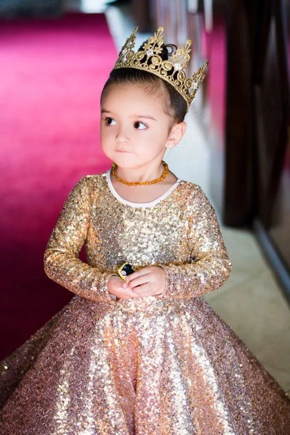 Gold Sequin Toddler Ball Gowns Girls Pageant Dresses Jewel Long Sleeves Formal Kids Party Gown Flower Girl Dresses for Weddings BA6822 w59