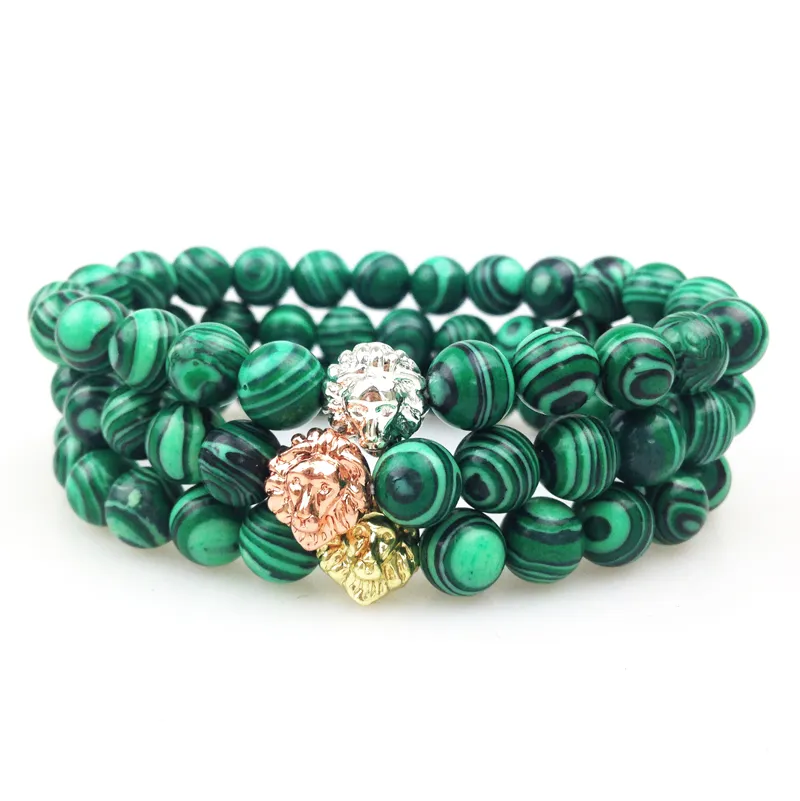 SN0354 Hurtownie Złoto Róża Złoto Posrebrzane Lew Head Bransoletka Koralika 8mm Malachite Koralik Bransoletka Kobiety Mężczyźni Elastyczna Bransoletka