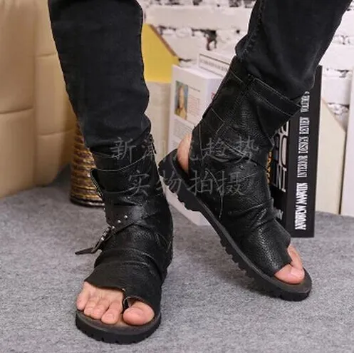 2016 Hot Toe-Knob Hombres Sandalias Gladiador Hombres Verano Motocicleta Botas Negro Talones abiertos