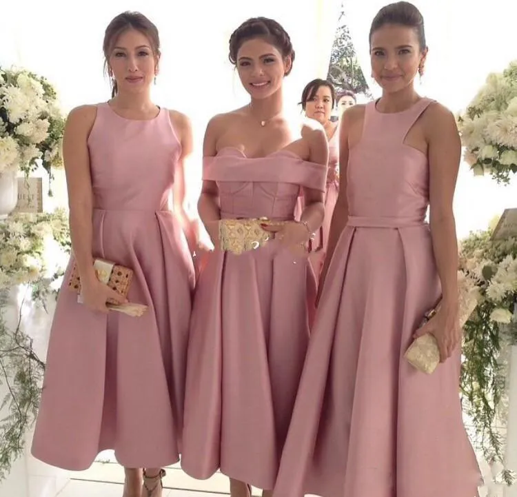Pink Satin Three Style Bridesmaid Dresses For Wedding 2017 Crew Off Shoulder Tea Length Maid Of Honor Gowns Elegant Formal Party Dresses