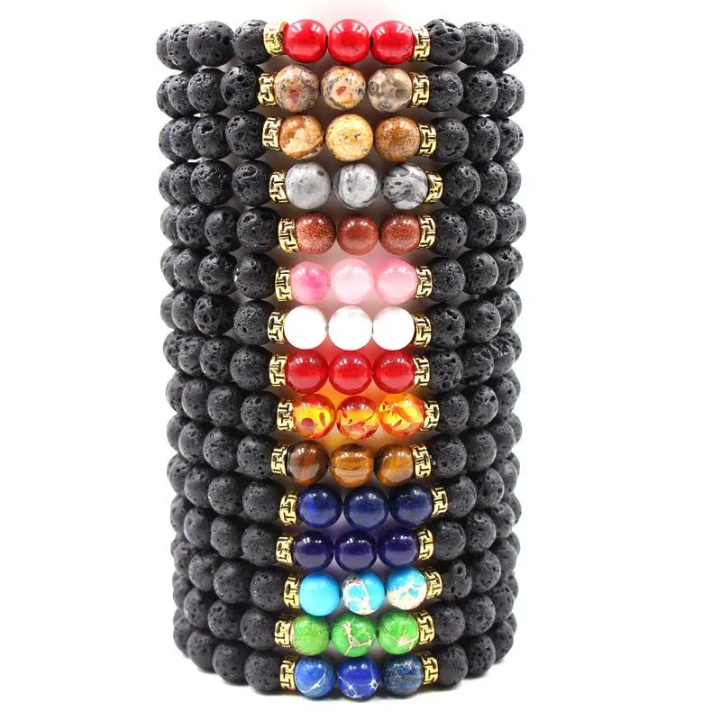 Naturlig svart lava stenarmband Chakra Healing Balance Beads Essential Oil Diffuser Armband för män Kvinnor Stretch Yoga Smycken