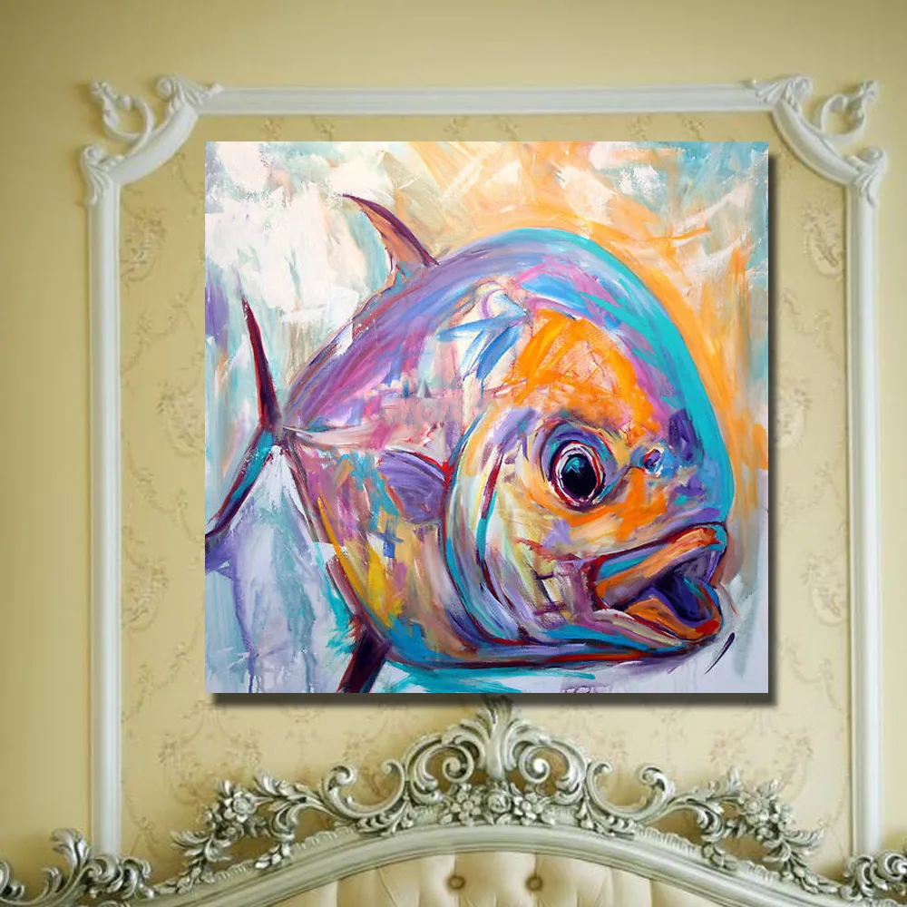 1 Panel abstraktes Fisch-Ölgemälde auf Leinwand, Heim-Wanddekoration, Wohnzimmer-Wandbilder, handgefertigtes Ölgemälde, Tierkunst, ohne Rahmen