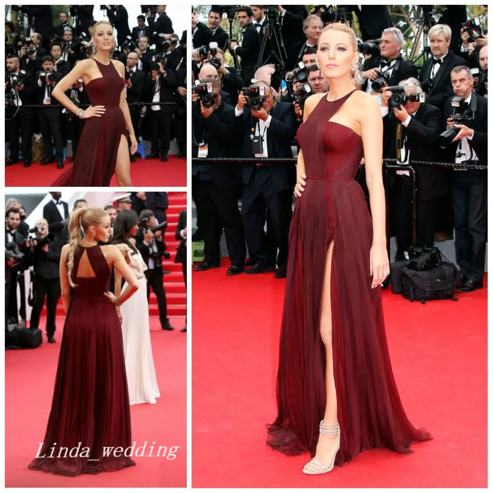 Blake Lively Borgonha Red Carpet Evening Dress Elegante Long Prom Vestido de Festa Formal Celebridade Inspirado Evento Vestido Plus Size vestido de festa