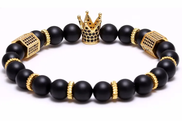 Black Pave CZ Zirconia Oro Rey Crown Charm Strands Pulsera Hombres Enamel Opaque Matte Brazalete de Cuentas Piedra