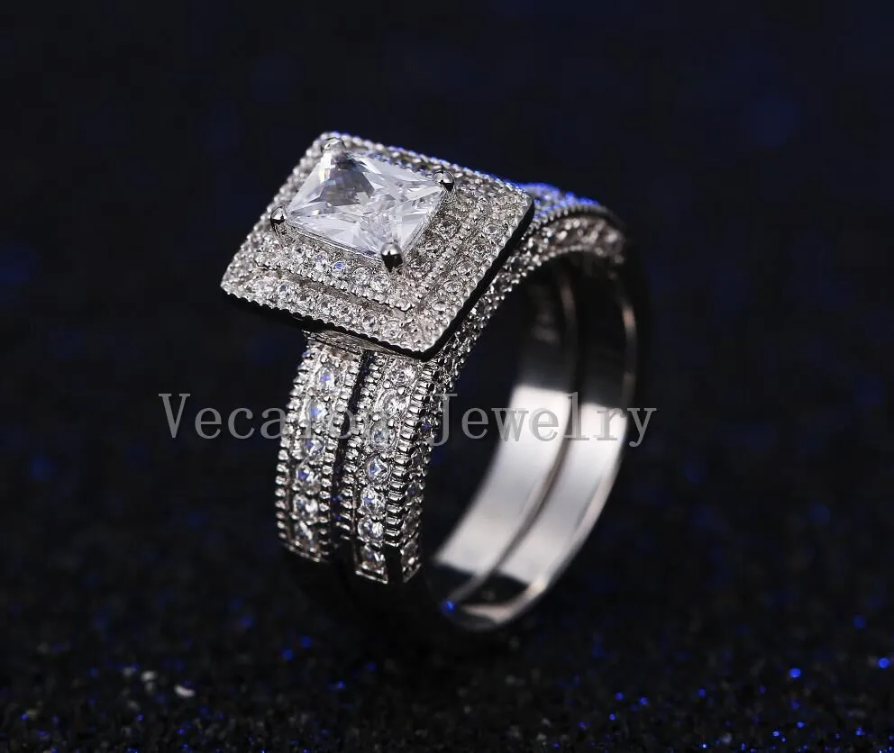 Vecalon jóias vintage simuladas diamante CZ 2-em-1 anel de banda de casamento de noivado conjunto para mulheres 14kt branco ouro cheio de festa
