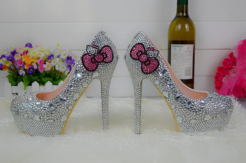 Kitty Серебряный Rhinestone Свадебная обувь Свадебные Graudation Пром ботинки высокой пятки вечернее платье Насосы Плюс Размер 45