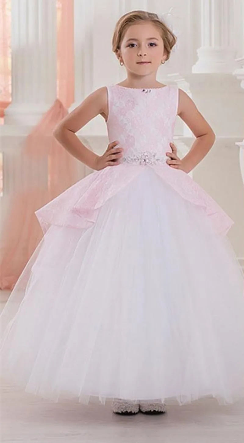 pink princess communion dresses First Communion Princess Dress for Girls with Lace Round Neck Sleeveless Children Puffy Dress (pink sash detachable), White / 12