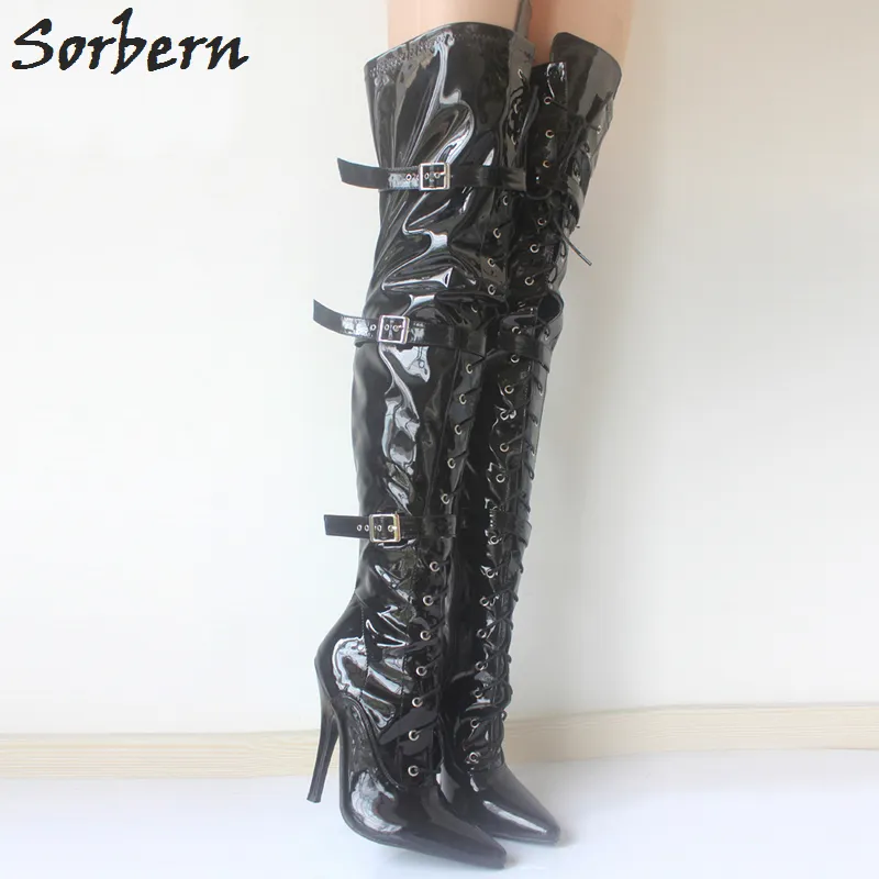 Сорберн на коленях сапоги женские каблуки заостренные пальцы на патентах на бедре длинные ботинки 12 см. Лучшие шнурки-экзотические, фетиш, сексуальные, обувь плюс размер