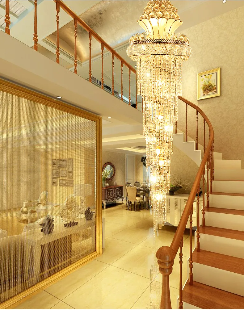 LED Modern Crystal Chandeliers American Gold Chandelier Lighting Fixture European Shining Long Droplight Dimmable Staircase Hanging Lamps