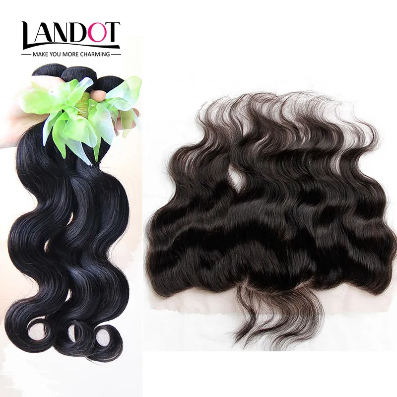 Brasilianska Virgin Human Hair Weaves 3 buntar med full spets frontal stängningar kroppsvåg obearbetad peruansk indisk malaysisk kambodjansk hår