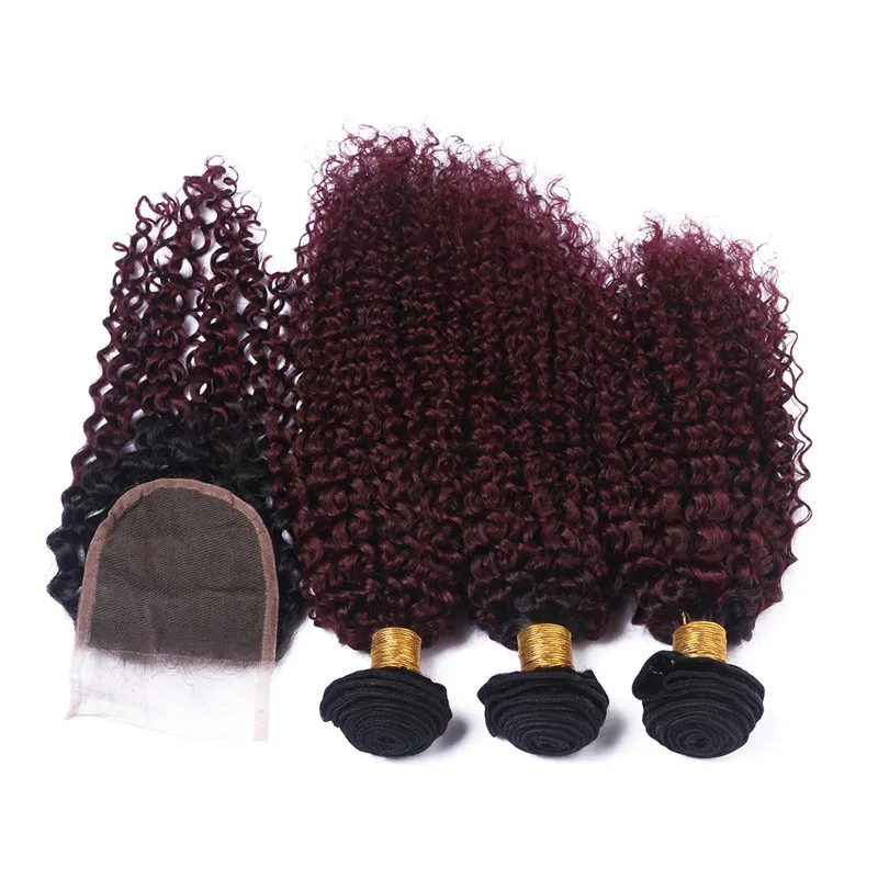 Два тона 1b / 99J вино красный Ombre кудрявый вьющиеся перуанские девственные человеческие волосы плетет 3bundles с темными корнями Бургундский Ombre 4x4 кружева закрытия
