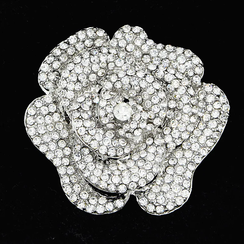 2.4 Inch Huge Rose Brooch Sparkling Clear Crystals Large Round Rose Brooch Wedding Women Brooch Pins Hot Selling