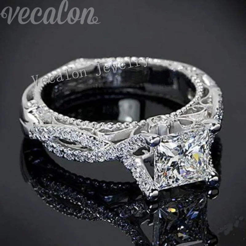 Vecalon 2016 Romantisk Antik Kvinna Ring 2ct Simulerad Diamond CZ 925 Sterling Silver Engagement Bröllop Band Ring för kvinnor