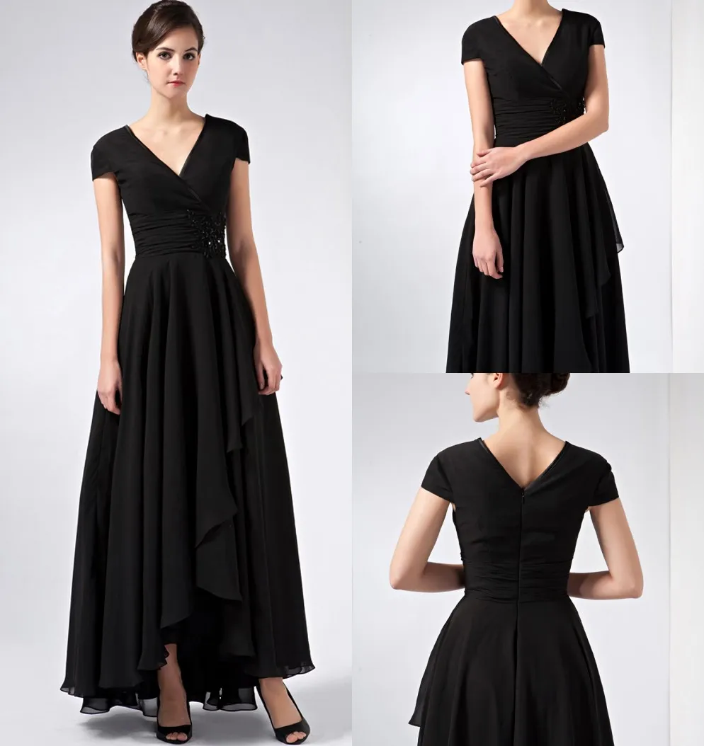 Black Chiffon High Low A-line Long Modest Bridesmaid Dresses With Cap Sleeves V Neck Ruched Beaded Rustic Bridesmaid Dress Wedding Party