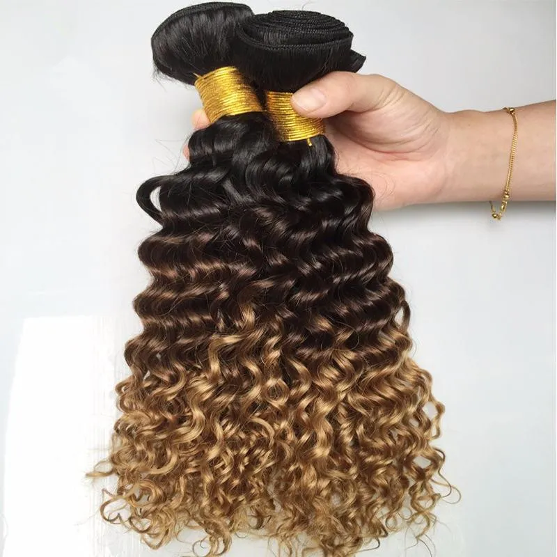 1B427 Honey Blonde Ombre Brazilian Hair Weaves Dark Roots Three Tone Human Hair Extensions Deep Curly Wave Virgin Ombre Hair 3B5153584