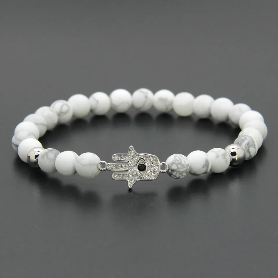 Groothandel 6mm natuurlijke witte howliet marmeren steen kralen micro pave zirkons fatima hand hamsa charme armbanden meisje gift