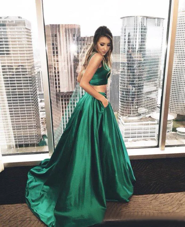 New Fashion 2016 Spaghetti Two Pieces Prom Dresses Cheap Sexy Hunter Elastic Silk Like Satin Pocket Long Formal Evening Party Gown EN100810