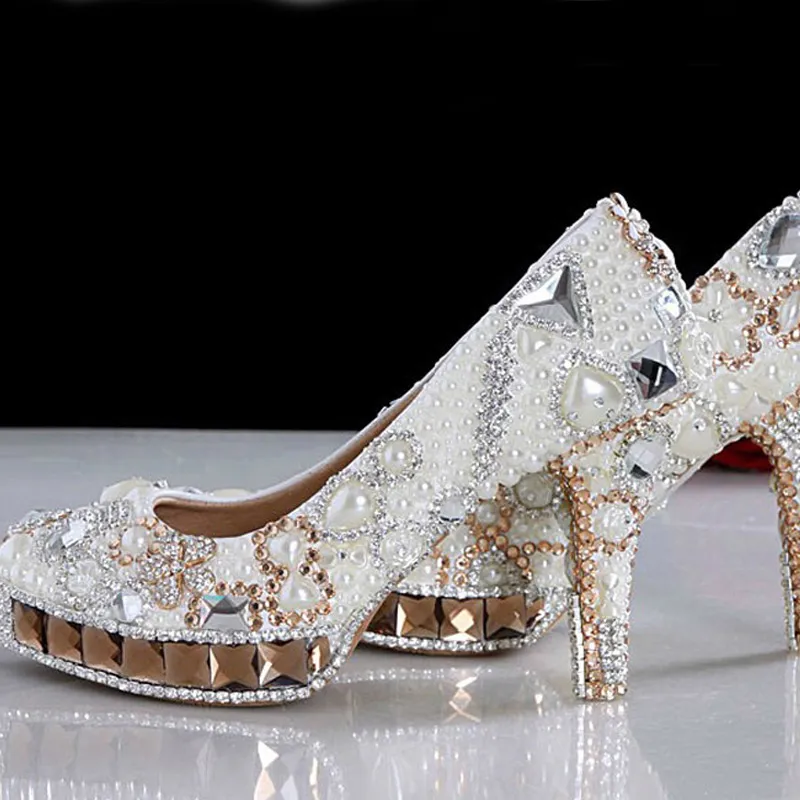 Blanco Marfil Cristal y Perla Punta Redonda Zapatos de Boda Nupcial Diamante Tacón Alto Zapatos de Vestir de Mujer Preciosos Zapatos de Fiesta de Moda para Mujer