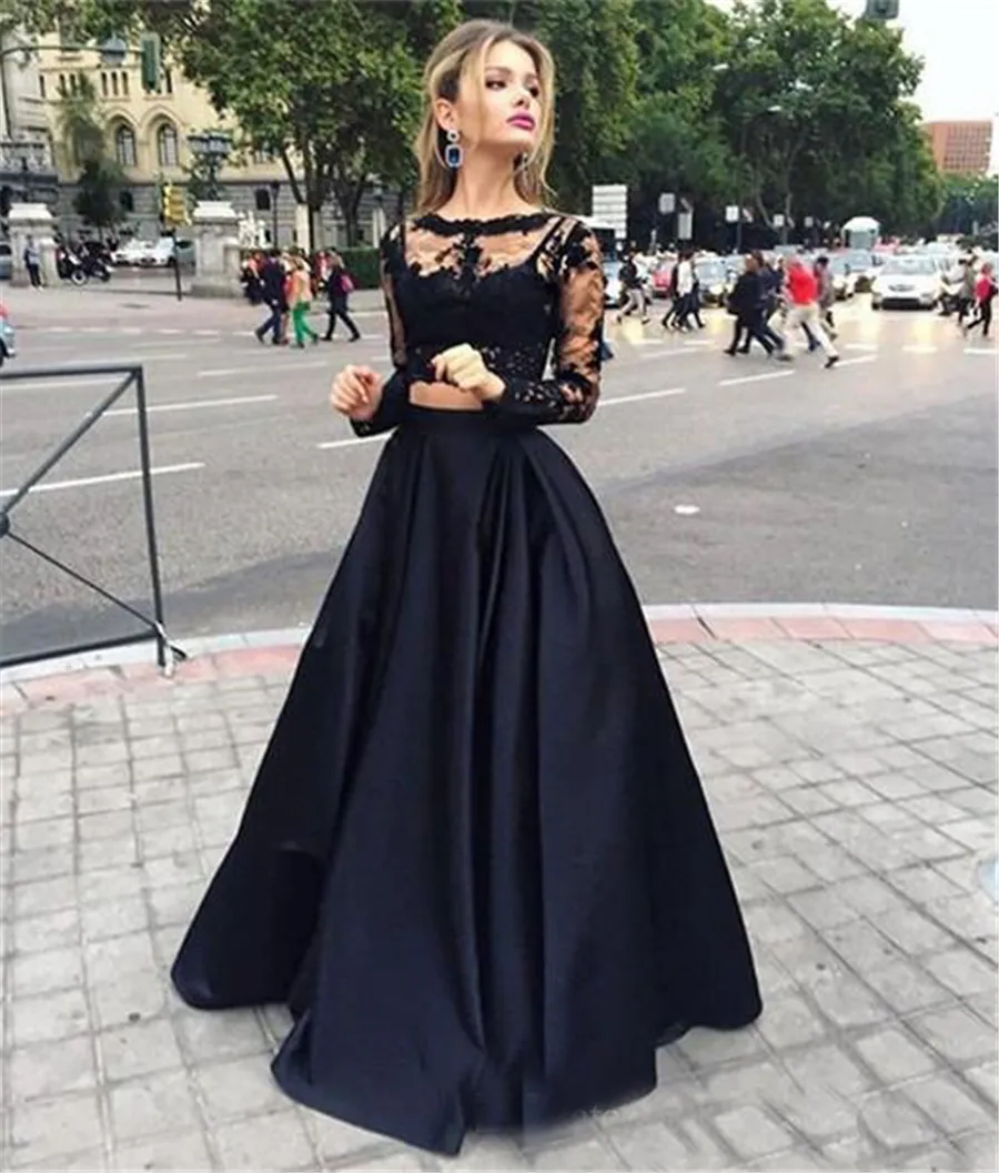 Vente chaude Noir Pas Cher Deux Pièces Robes De Bal Manches Longues Une Ligne Sexy Robe De Soirée En Dentelle Vestido formatura longo